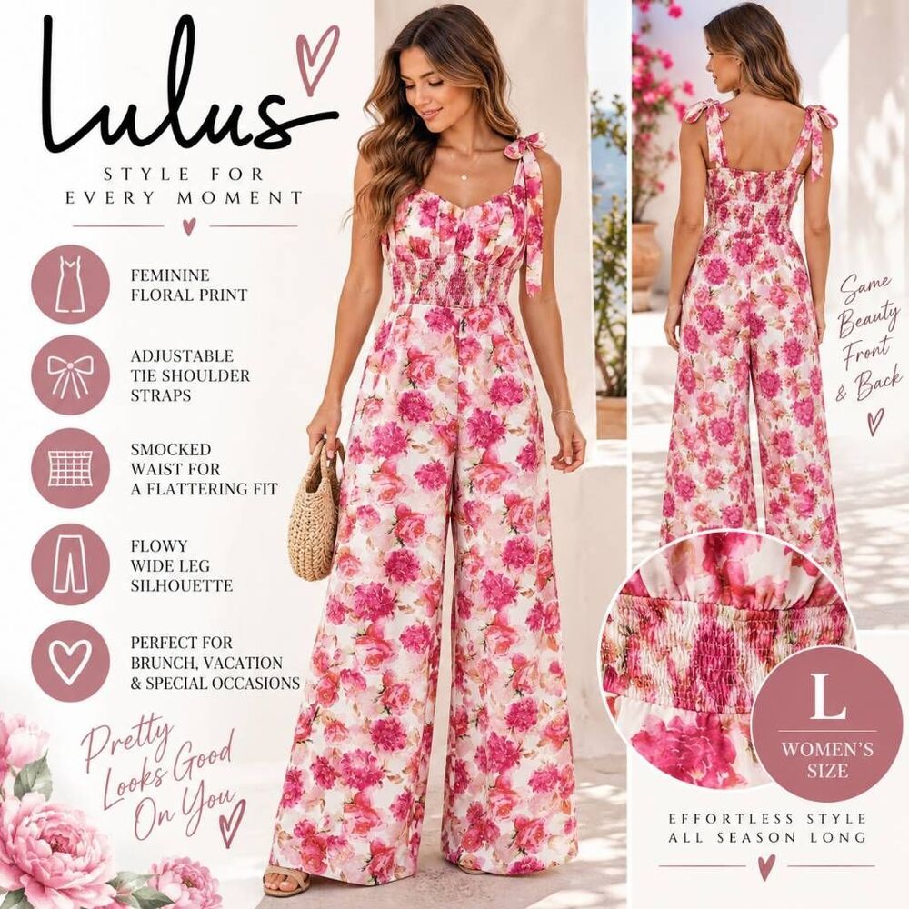 Lulus Women’s L Pink Floral Wide Leg Jumpsuit Tie Strap Smocked Waist NWT